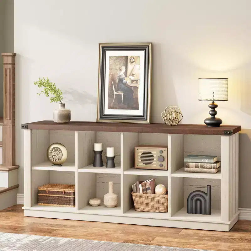 Boekenkast met opberger met 8 vakken, horizontale boekenkast in boerderijstijl, houten opbergboekenkast van 62 inch voor de hal, lange lage boekenplanken voor de woonkamer