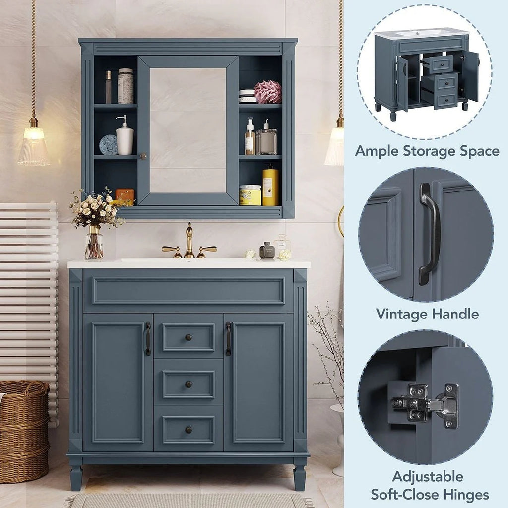 Meuble-lavabo moderne de salle de bains de 36 po avec vasque sur plan, armoire à miroir, 2 portes et 2 tiroirs