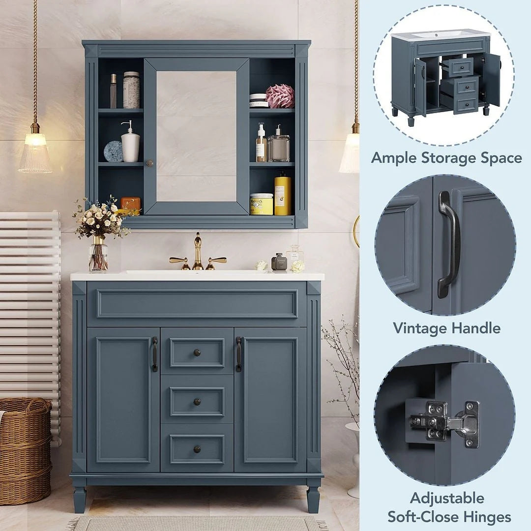 Meuble-lavabo moderne de salle de bains de 36 po avec vasque sur plan, armoire à miroir, 2 portes et 2 tiroirs