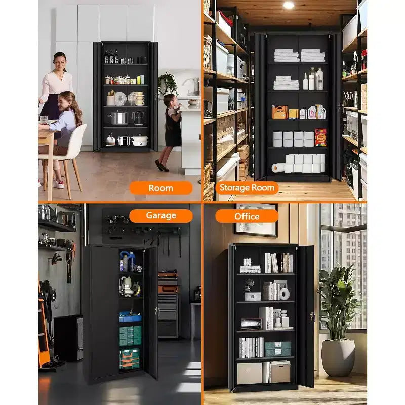 Garagekast met wielen en gatenbord, afsluitbare metalen opbergkast van 72 inch hoog met 2 deuren en 4 verstelbare planken voor garage en werkplaats