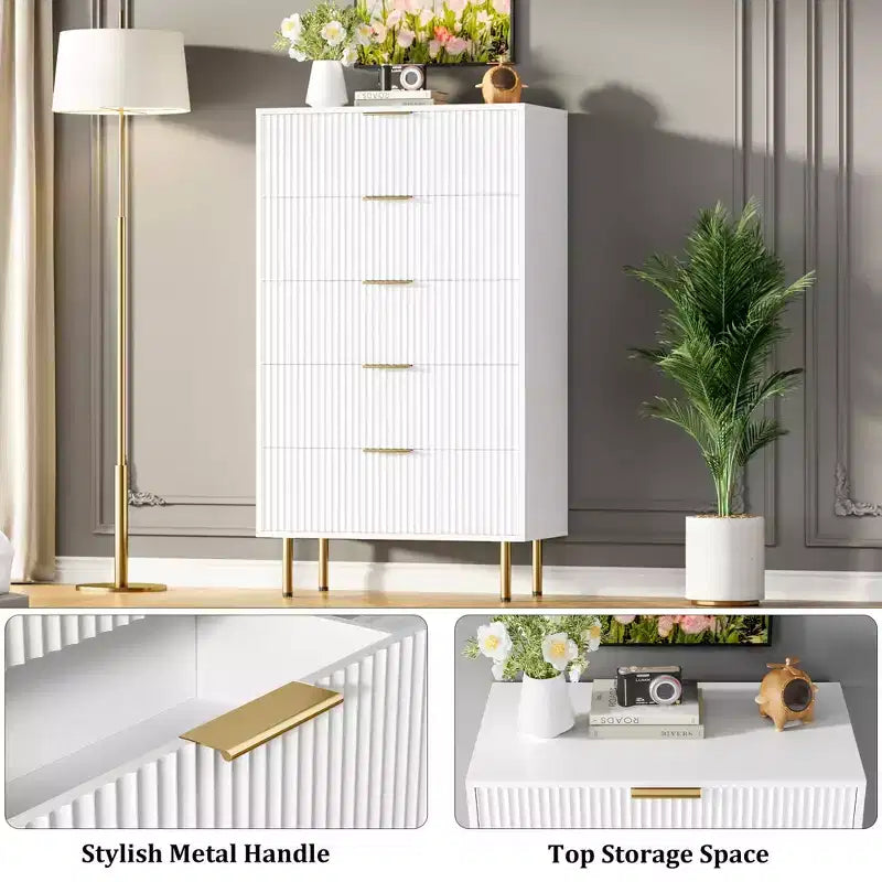 White / Marble & Wood 5-Drawer Dresser ?C Fluted Panel, for 1 Person Use
