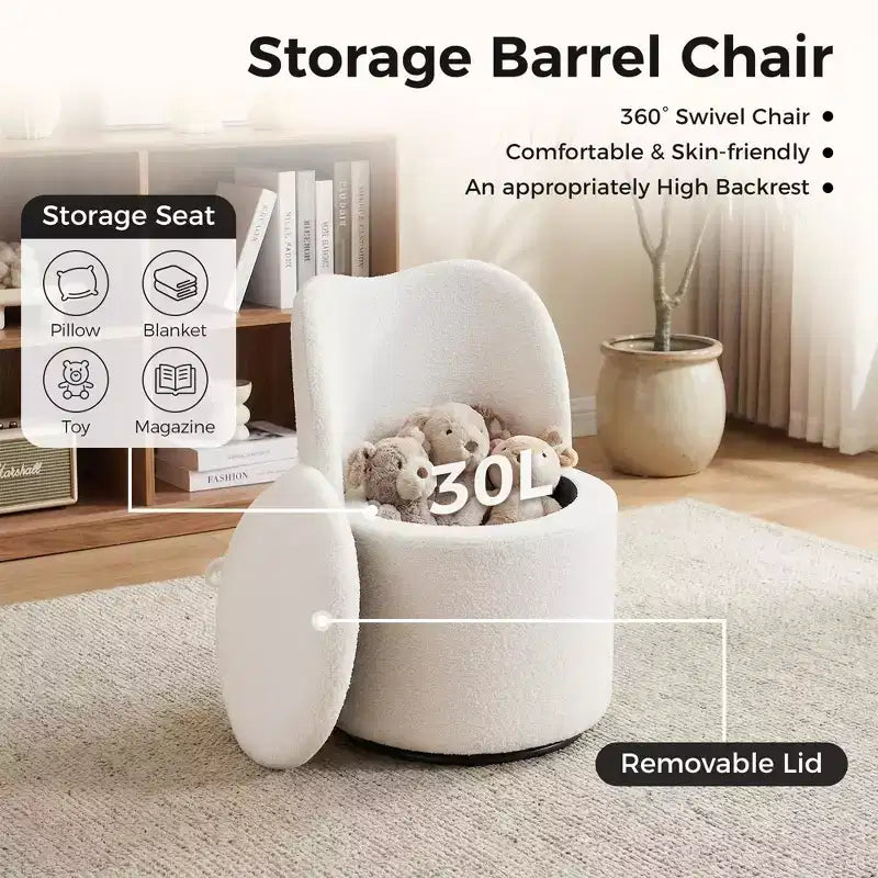 Chaise de coiffeuse pivotante avec rangement, tabouret rond rembourré avec dossier, fauteuil tonneau d’appoint doux et rembourré pour chambre et salon