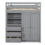 Full Size Wood Loft Bed with Built-in Wardrobe, Desk, Storage Shelves and Drawers