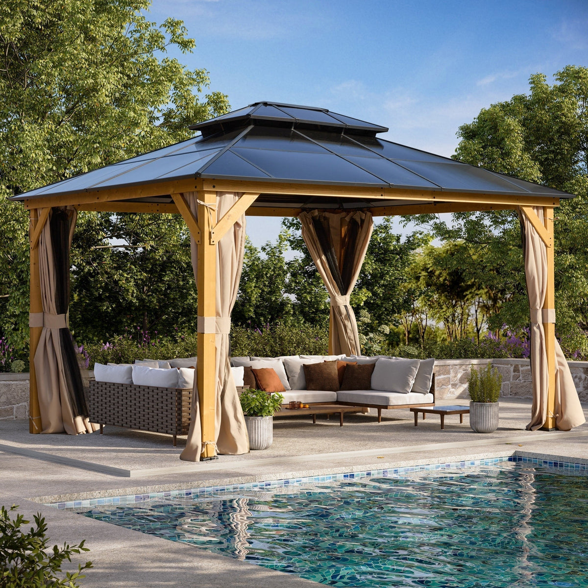 EROMMY Hardtop Gazebo,Outdoor Pergola with Double Roof & Netting & Curtains,Heavy Duty Canopy for Patio, Backyard, Pool party
