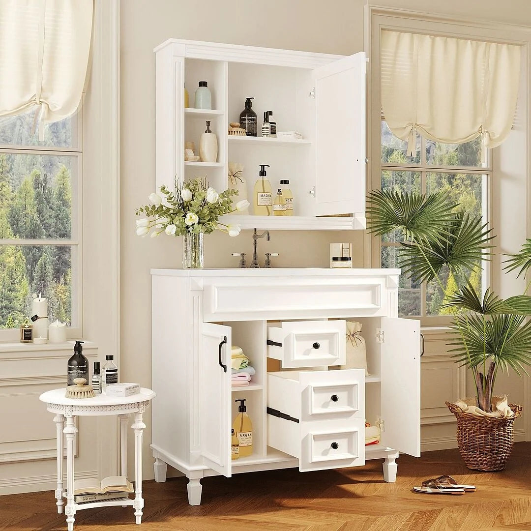 Meuble-lavabo moderne de salle de bains de 36 po avec vasque sur plan, armoire à miroir, 2 portes et 2 tiroirs