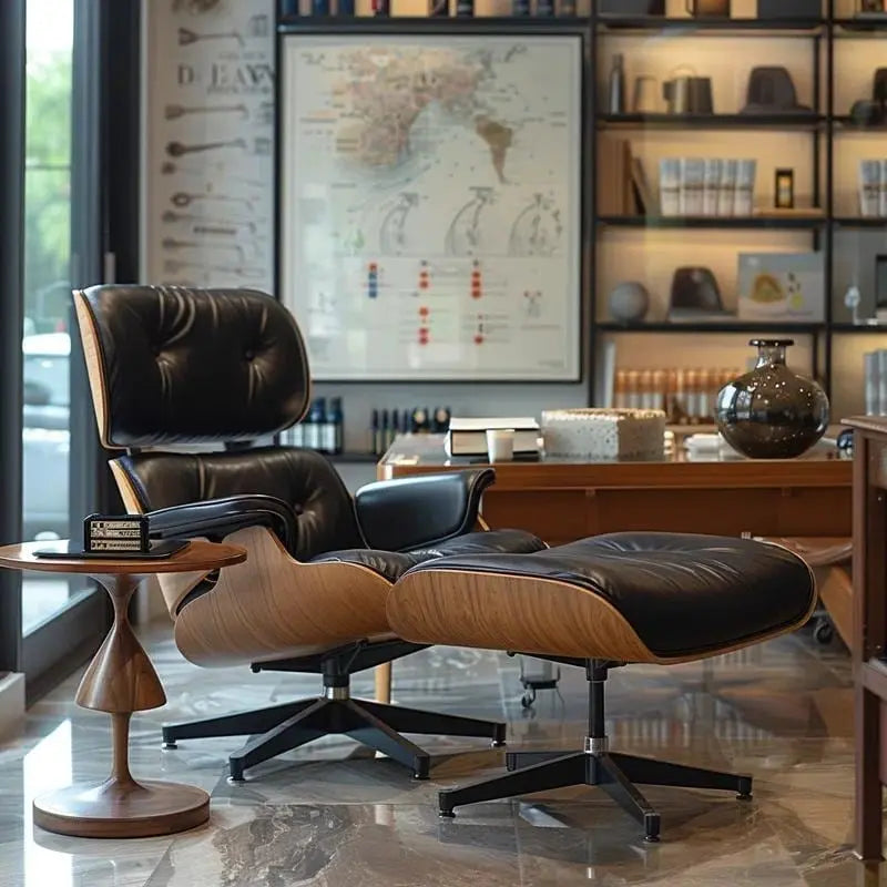 Furgle fauteuil van echt leer met bijpassende voetenbank, walnoothout