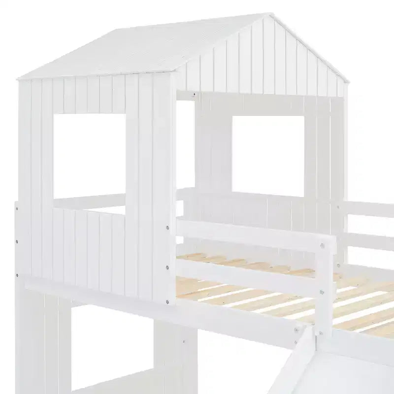 Luxystar Etagenbett aus Holz in Twin-über-Full-Größe mit Spielhaus, Rutsche und Schutzgittern