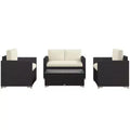 4-teiliges Rattan-Sofaset, Korbsofaset für die Terrasse mit Zweiersofa, Sesseln und Couchtisch mit Glasplatte für Garten und Außenbereich