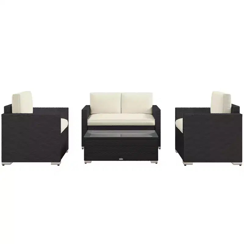 4-teiliges Rattan-Sofaset, Korbsofaset für die Terrasse mit Zweiersofa, Sesseln und Couchtisch mit Glasplatte für Garten und Außenbereich