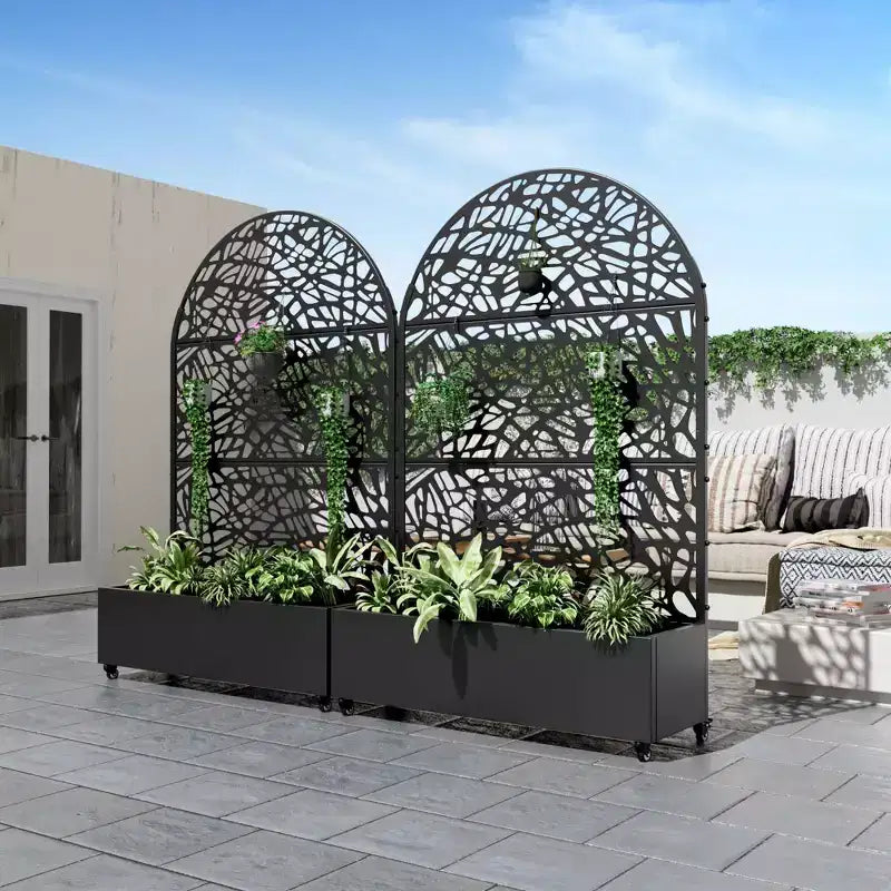 MAYEERTY 72x47 zwarte gebogen ijzeren plantenbak met trellis, decoratief tuinscherm van 3 delen voor terras en balkon