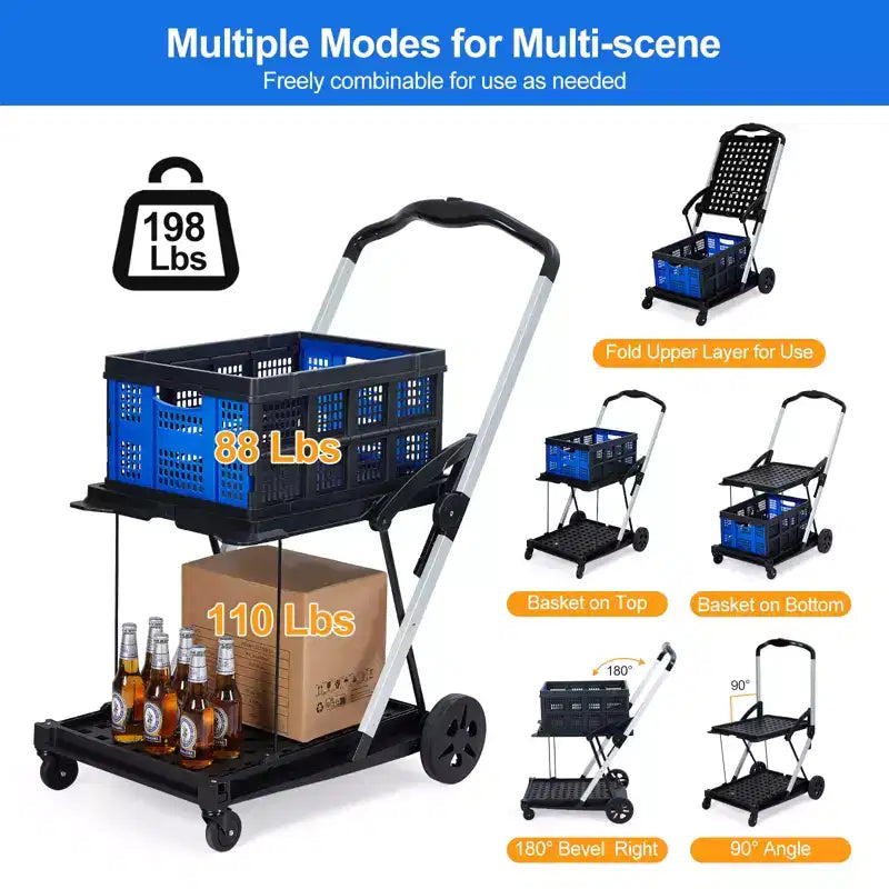 Chariots de courses pliants à 2 niveaux pour provisions, capacité de 198 lb, chariot à provisions pliable et portable avec roues et caisse amovible pour centre commercial et marché, bleu