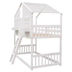 Twin Size House-Shaped Loft Bed, Wood Playhouse Loft Bed with Ladder & Guardrails for Kids