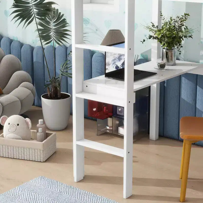 Okak Hochbett im minimalistischen Loft-Stil mit Leiter, Hochbett aus Gummibaumholz für eine Person mit Sicherheitsgeländer und integriertem Schreibtisch, Bettgestell für Kinder und Jugendliche