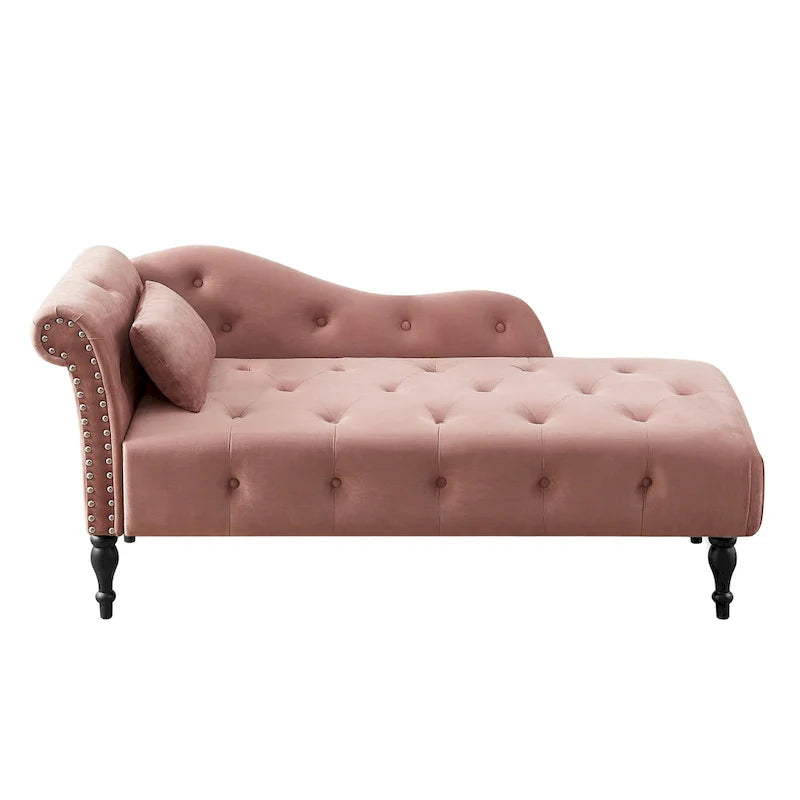 Chaise longue moderne de 60,6 po, capitonnée en velours avec boutons, pieds en bois massif et clous décoratifs