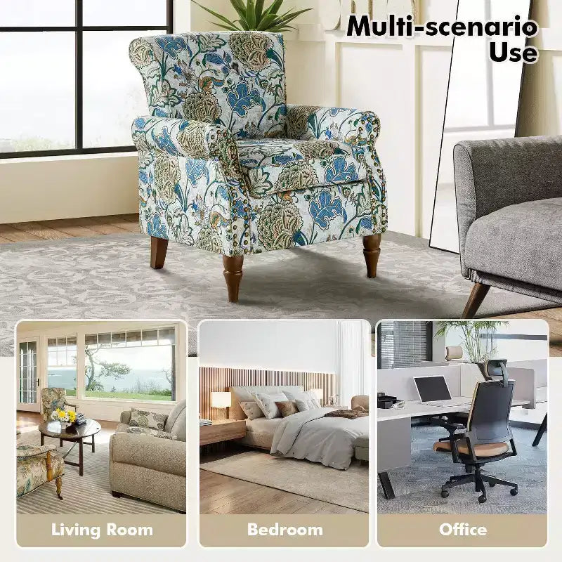 Fauteuil traditionnel Araceli en bois, rembourré à motif floral, avec dossier à oreilles et bordure cloutée| ART OF LIVING DESIGNS