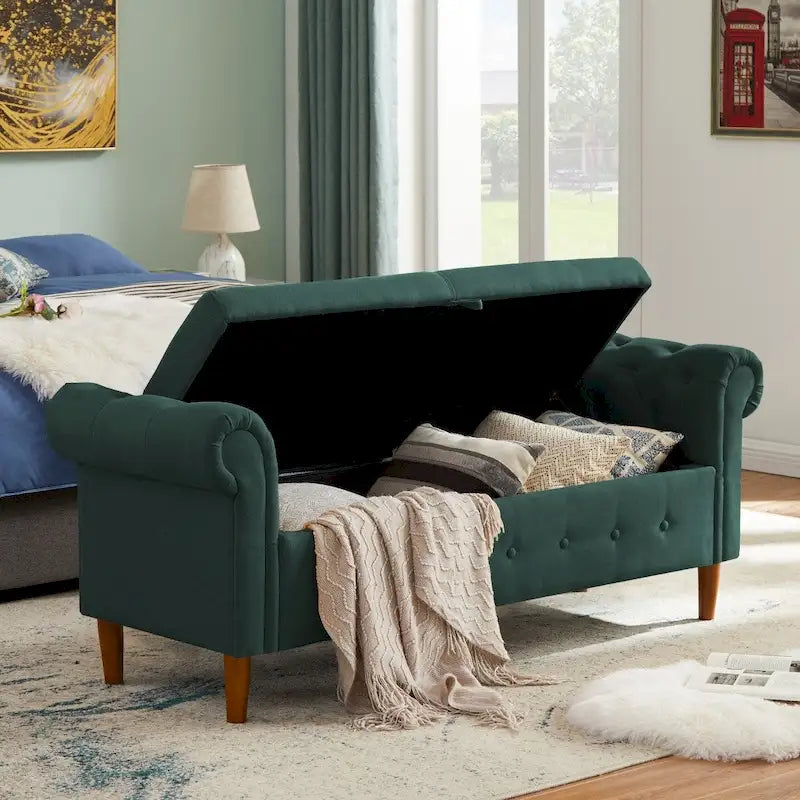 Banquette de rangement pour chambre, bout de lit, ottomane en velours à accoudoirs arrondis, canapé-banc long