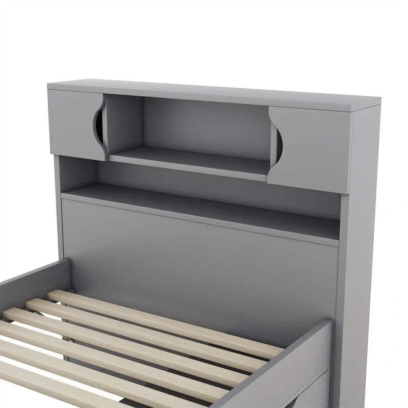 Lit plateforme de capitaine Twin/Full avec 4 tiroirs et étagères de rangement, structure en bois massif avec tête de lit bibliothèque et rangements