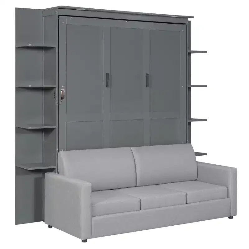 Lit escamotable mural queen size avec canapé, lit armoire pliant queen size avec bibliothèque et étagères pour chambre d’amis ou bureau