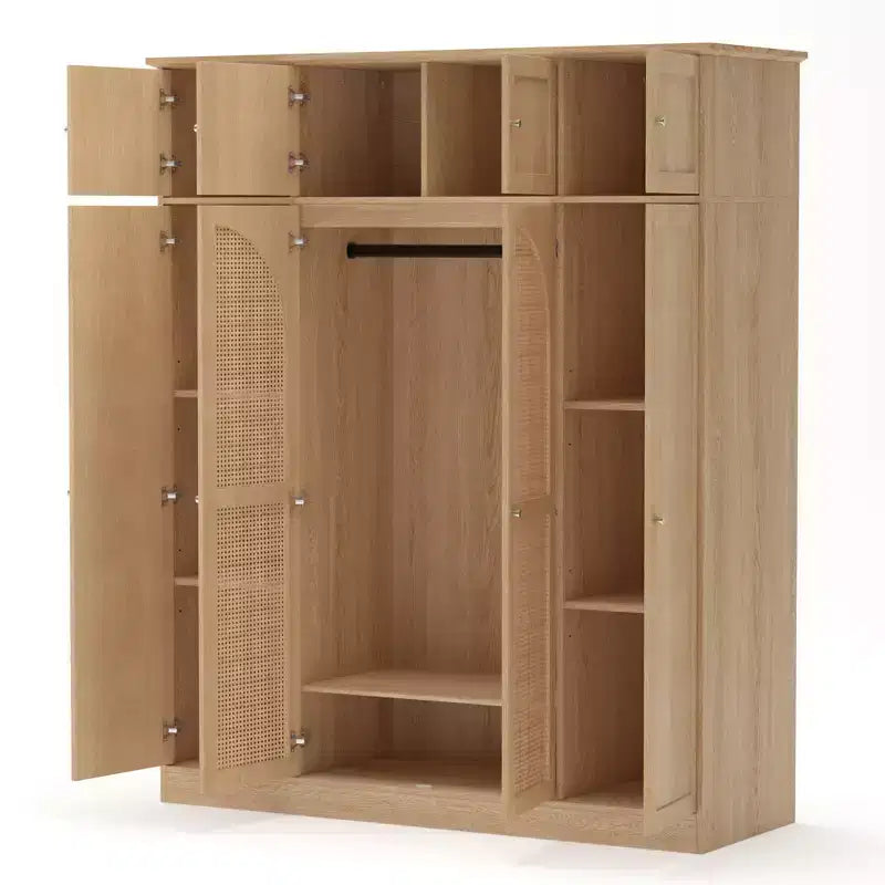 Armoire-penderie haute de 70,87 pouces à 8 portes, grande capacité, avec tringle, étagères réglables et portes décoratives en rotin