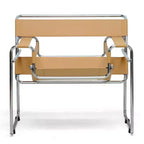 Baxton Studio Jericho leren accentstoel in mid-centurystijl, beige: chromen afwerking, vloervriendelijke poten, volledig gemonteerd