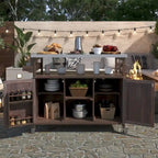 Outdoor-Kücheninsel, rollbarer Barwagen und Aufbewahrungsschrank, Grilltisch aus Massivholz mit Edelstahlplatte, Gewürzregal und Handtuchhalter