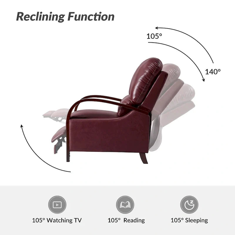 Alex moderner Relaxsessel im Mid-Century-Stil aus echtem Zigarrenleder mit manueller Verstellung und geschwungenen Holzarmlehnen