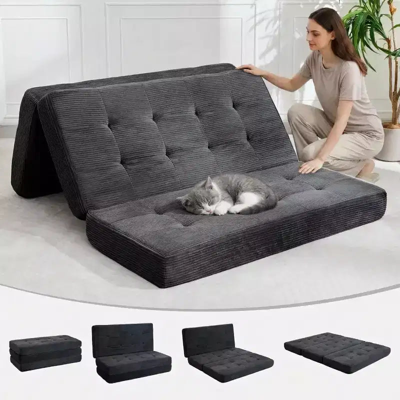 SunnyFurn 6 inch drievoudig vouwmatras en slaapbank, 75 x 54,3 inch, opvouwbaar logeerbed van schuim met gecapitonneerd corduroy, draagbaar voor kamperen, woonkamer en slaapkamer