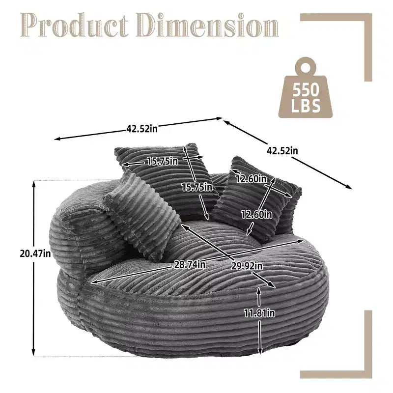 Bean Bag Sofa for Adults Kids, Oversized Corduroy Bean Bag Chair with 3 Pillows & Armrest for Living Room Bedroom