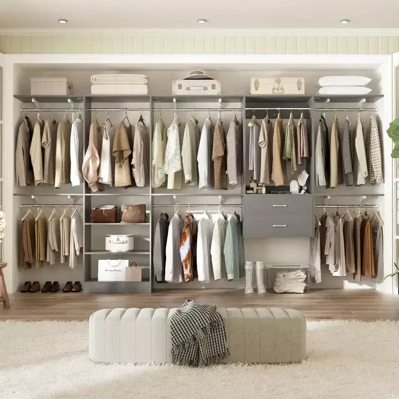 Freestanding Closet System with 8 Hannging Rods and Drawers, Hanging Closet Organizer with 10 Shelves