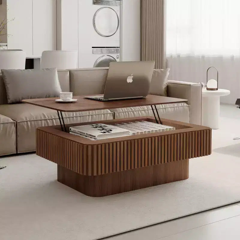 Table basse cannelée JVNOXK de 38,6' avec plateau relevable et rangement, placage en bois massif, hauteur réglable, table d’appoint moderne pour le salon ou la chambre, noyer