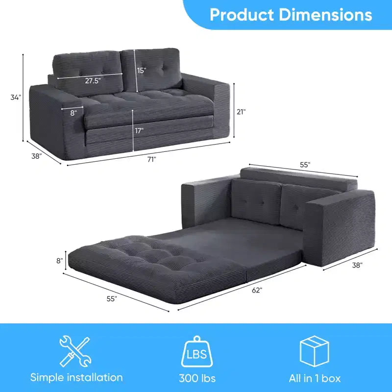 Mjkone 71' 2-in-1 slaapbank, opvouwbare loveseat met geribde stof en knopen, ruimtebesparend