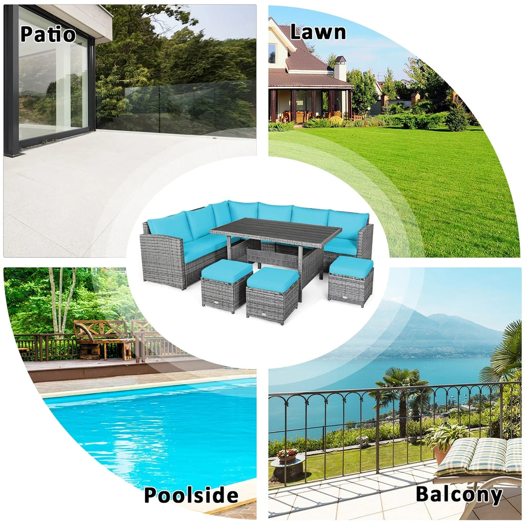 Costway Ensemble repas de jardin en rotin de 7 pièces, canapé d’angle, canapé et pouf — Voir les détails