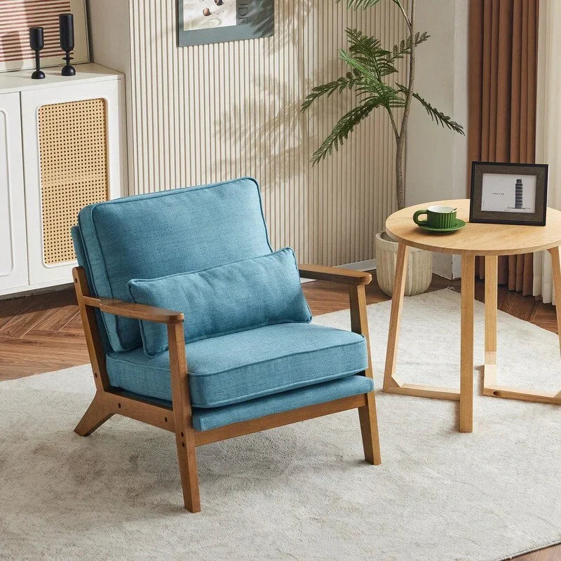 Polster-Sessel aus Leinenmischgewebe mit Holzbeinen und einem Kissen, Beige