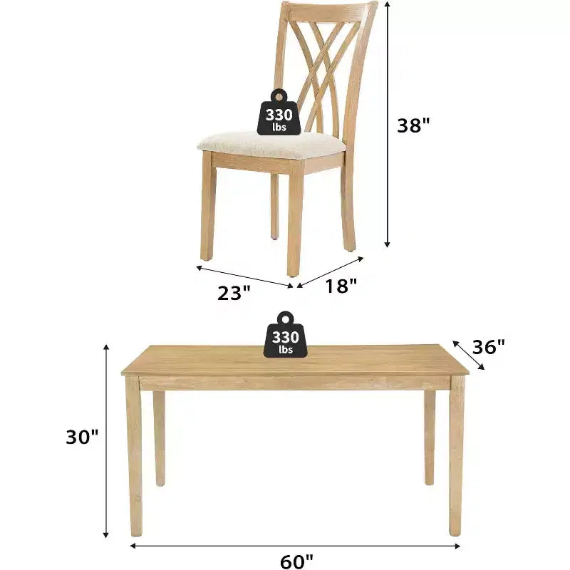 Zevemomo 7-delige eettafelset van massief hout met 6 gestoffeerde stoelen, ruimtebesparende eetkamertafel- en stoelenset voor eetkamer en keuken, natuurlijke houtkleur