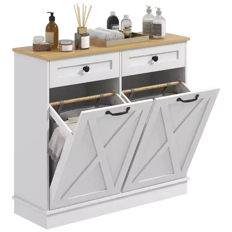 HOMCOM Tilt Out Laundry Hamper Cabinet Bathroom Storage Cabinet with 2 Removable Baskets and 2 Drawers
