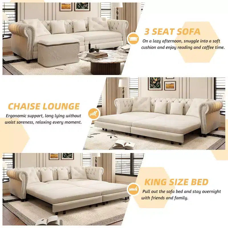 Whisen Samt-Schlafsofa in King-Size mit Ausziehfunktion und 3-in-1-Funktion, wandelbares Schlafsofa mit beweglichem Hocker und Steppdesign
