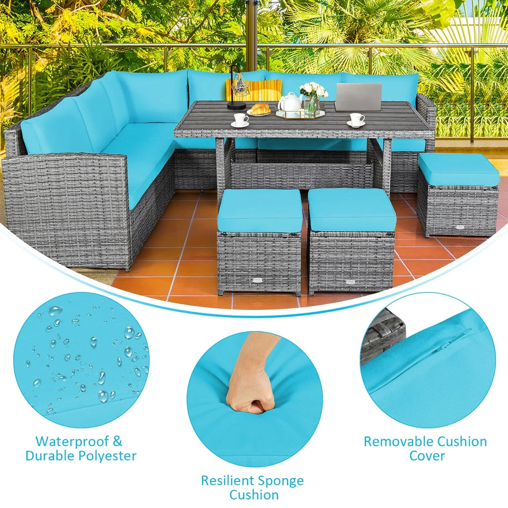 Costway Ensemble repas de jardin en rotin de 7 pièces, canapé d’angle, canapé et pouf — Voir les détails