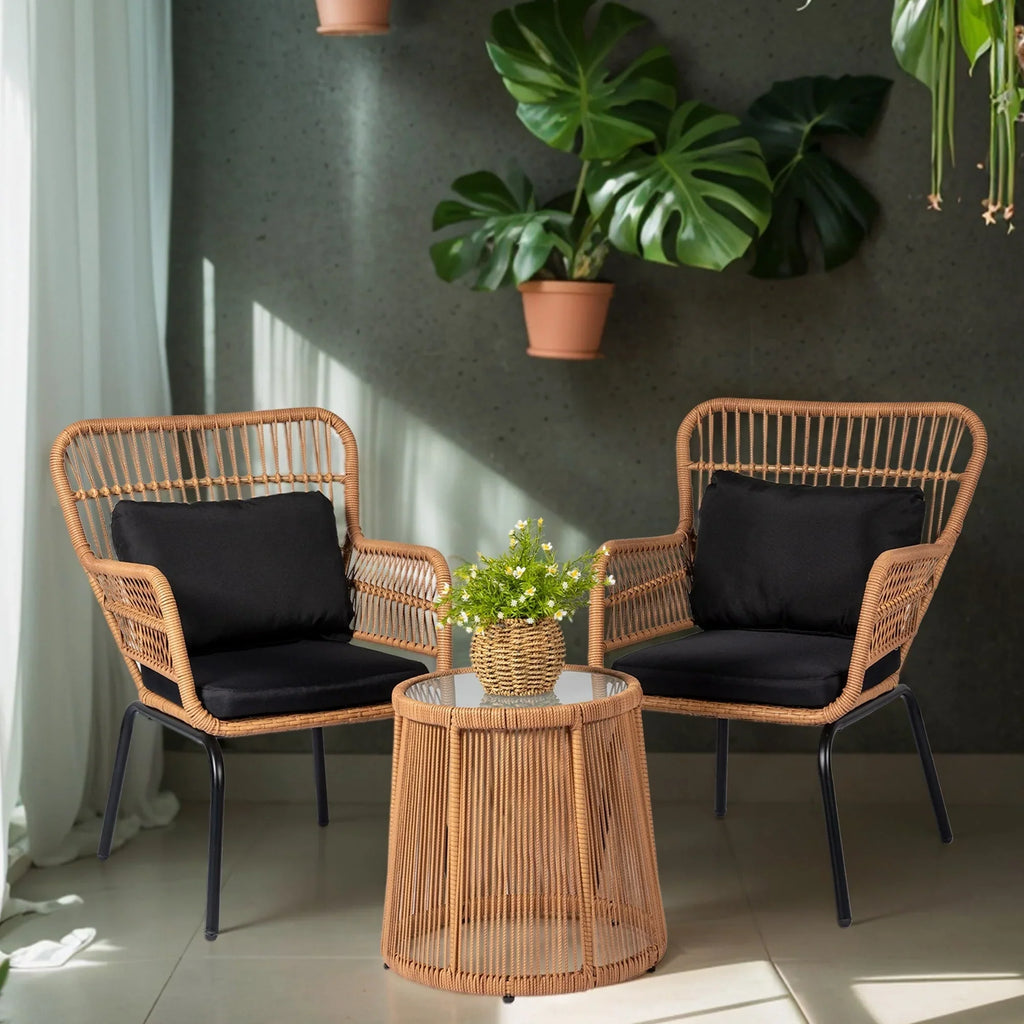 3-delige bistroset van wicker voor buiten, weerbestendige rotan tuinmeubelset met stoelen en kussens