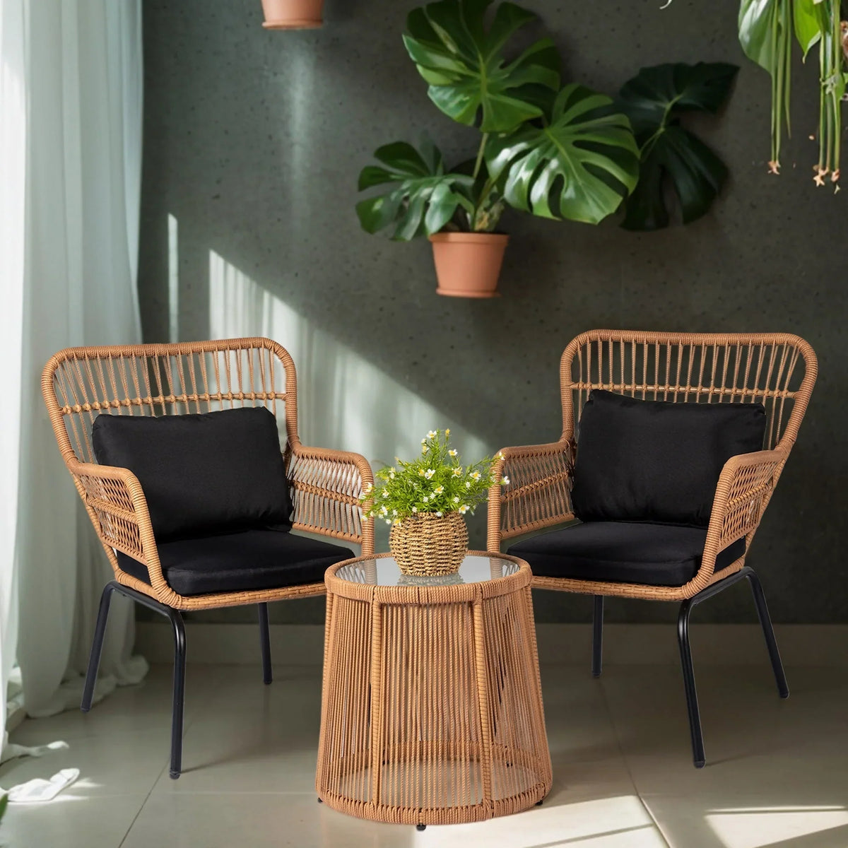 3-delige bistroset van wicker voor buiten, weerbestendige rotan tuinmeubelset met stoelen en kussens