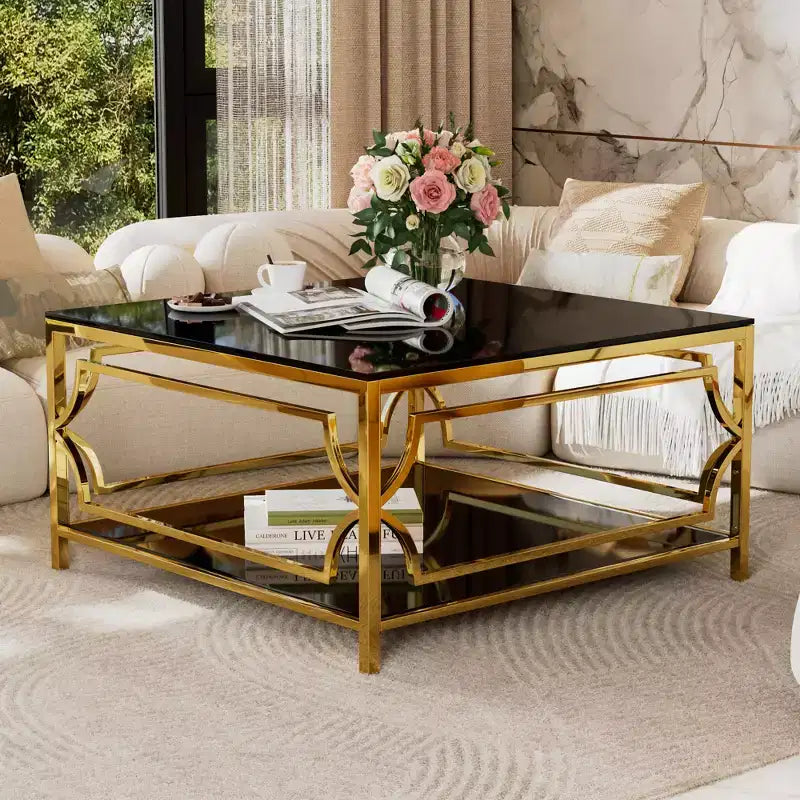 Quadratischer Couchtisch von Merax mit schwarzer oder transparenter Glasplatte und zweistöckigem Ablagefach