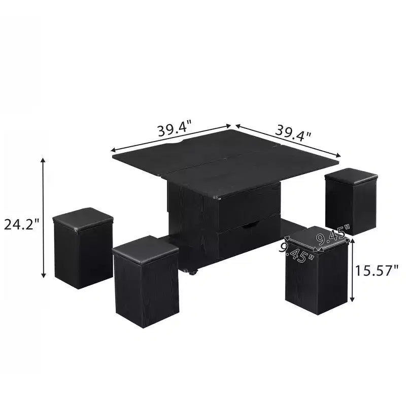 Table basse moderne multifonctionnelle relevable avec rangement dissimulé, 4 tabourets et roulettes, idéale pour les espaces de vie modernes
