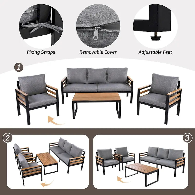 Ensemble de canapé d’extérieur de 4 pièces pour 5 personnes avec table basse en bois massif et coussins amovibles