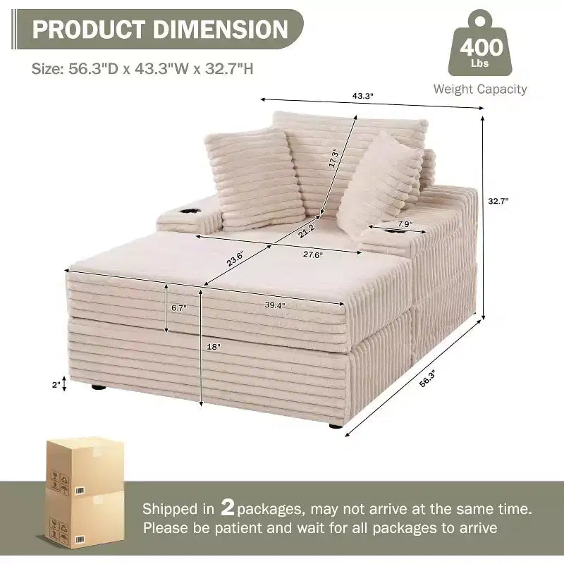 Fauteuil méridienne surdimensionné d’intérieur avec pouf de rangement, canapé-lit en velours côtelé rembourré style nuage avec 3 coussins, fauteuil convertible une place