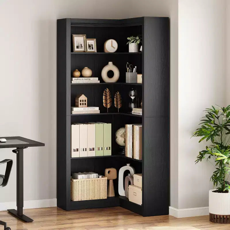 Black/White/Wood/Retro, L-Shaped Corner Bookshelf, 5-Tier, Single