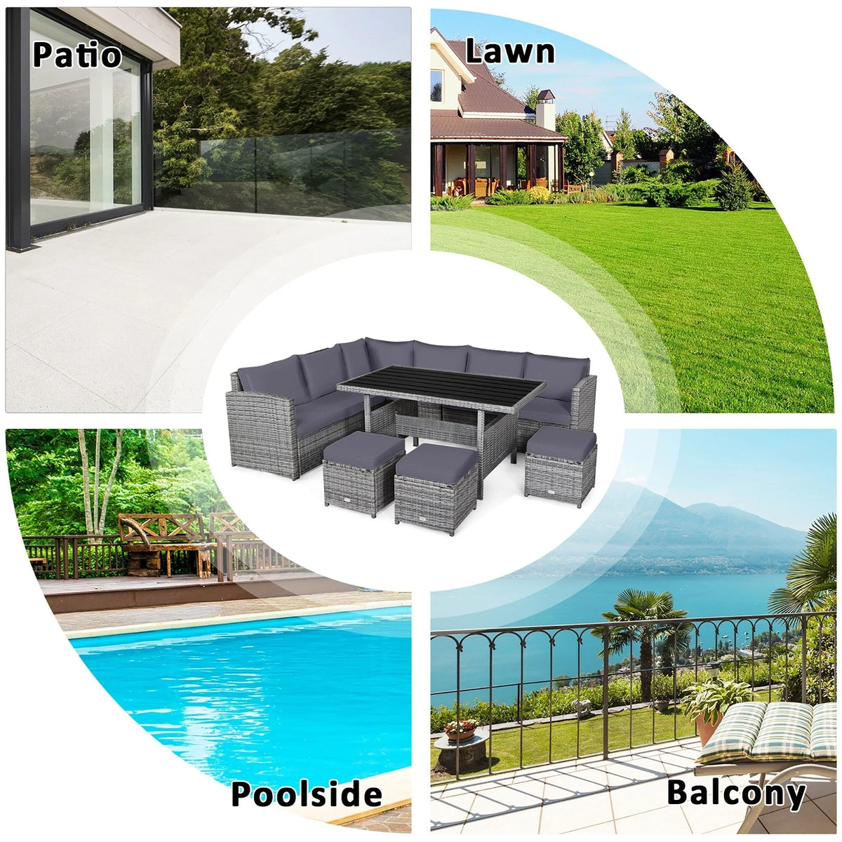 Costway Ensemble repas de jardin en rotin de 7 pièces, canapé d’angle, canapé et pouf — Voir les détails