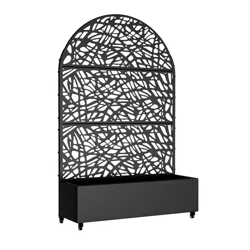 MAYEERTY 72x47 zwarte gebogen ijzeren plantenbak met trellis, decoratief tuinscherm van 3 delen voor terras en balkon