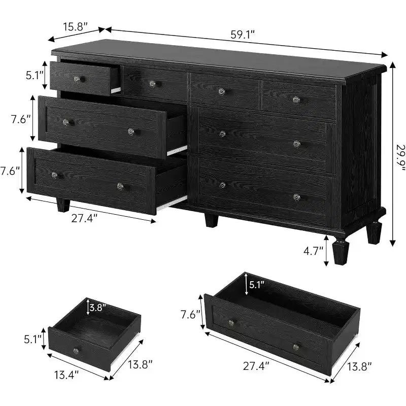 Ladekast met 8 laden voor de slaapkamer, vintage ladekast van 59 inch en tv-meubel met gebeeldhouwde handgrepen en taps toelopende poten, houten ladekast met ruime opbergruimte