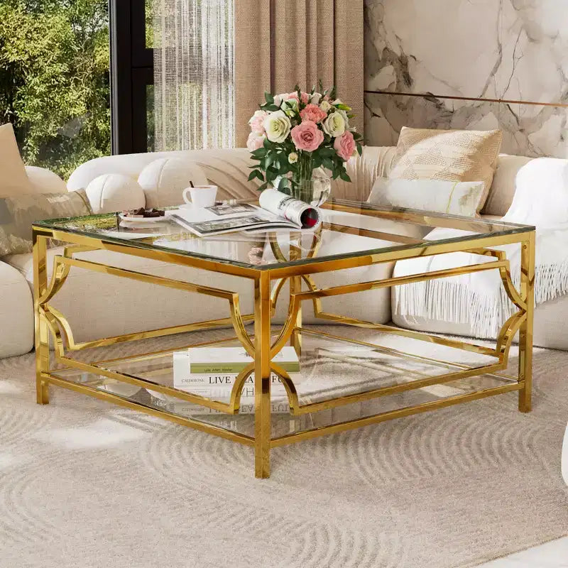Quadratischer Couchtisch von Merax mit schwarzer oder transparenter Glasplatte und zweistöckigem Ablagefach
