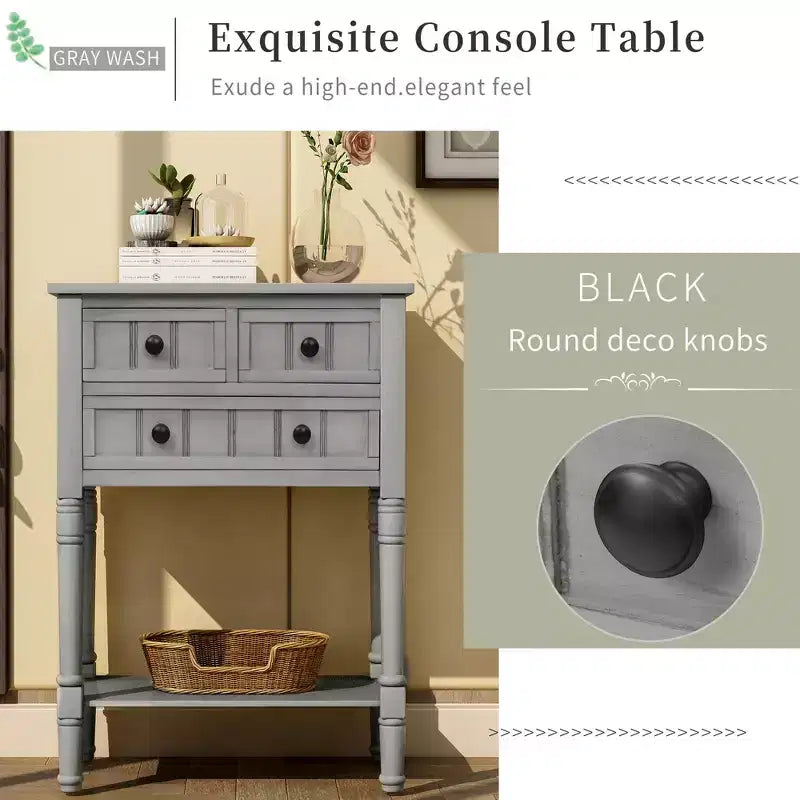 Smalle consoletafel van 60,2 cm met 3 laden en plank, sofatafel voor kleine entrees of woonkamers