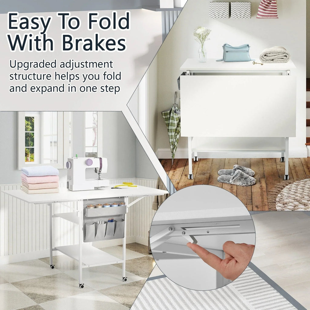 Table de bricolage réglable en hauteur avec étagères de rangement, table de découpe pliante mobile pour bureau à domicile, salle de couture ou atelier créatif